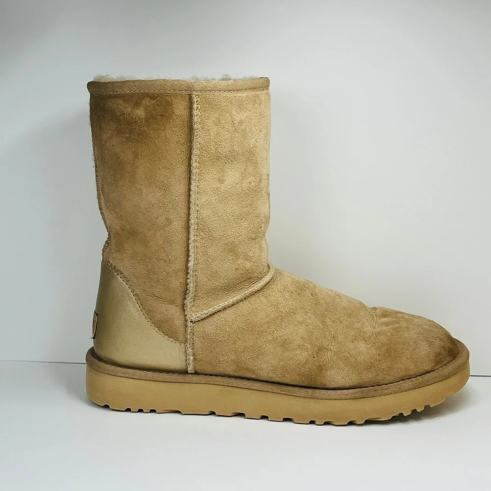 UGG Classic Short Metallic Heel Boots Women Size 10 Sand Gold Suede 1019030